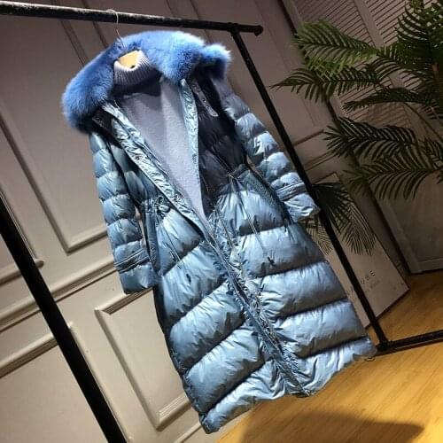 2020 New arrival blue long down coat for women over knee natural fox fur with hooded slim show thin waist thickening warm jacket