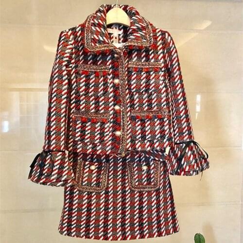 Fashion womens elegant Skirt suit 2020 Autumn winter high quality plaid tweed coat + tweed skirts two piece set C231