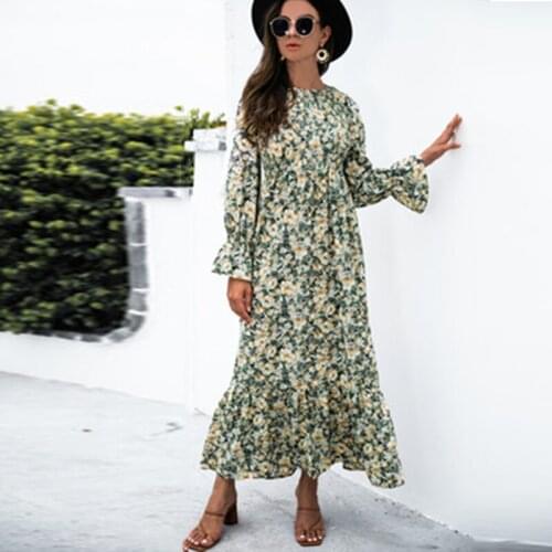 Autumn Floral Print O-neck Long Flare Sleeve Robe Maxi Dress Ladies Casual Dress High Waist Stretchy Bust Ruffles Long Vestidos