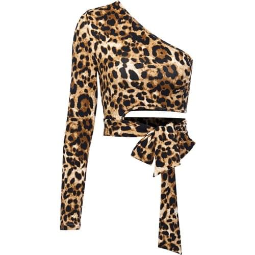 2020 New Arrival Women Fashion Leopard Crop Tops One Shoulder Long Sleeve Cut Out Tie Waist Slim Shirts