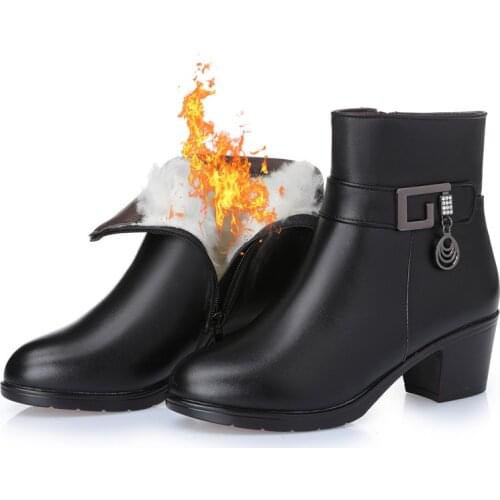 AQ604 Winter Womens Shoes Genuine Leathe New Style Cotton Boots Womens Mid-heel Cotton Shoes Wool Thick Heel Plus Size