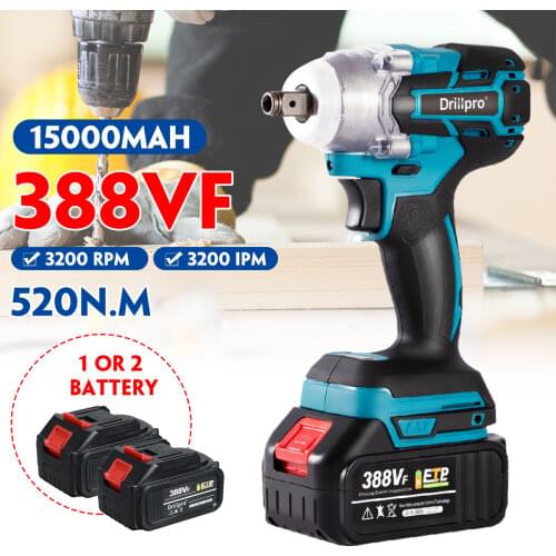 388VF 520N.M Brushless Cordless Electric Impact Wrench Power Tools with 15000Amh Li Battery +LED Light For Makita 18V Battery