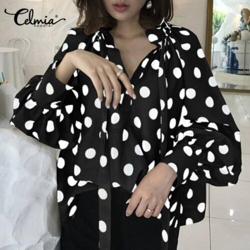 Celmia Elegant Lantern Sleeve Polka Dot Blouses Women 2021 Fashion Casual Bow Tie Shirt Plus Size Tops Stand Collar Blusas 5XL