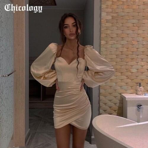 Chicology Women Summer 2021 Long Sleeve Dress Bodycon Mini Drawstring Square Neck Fashion Party Club Evening Dresses