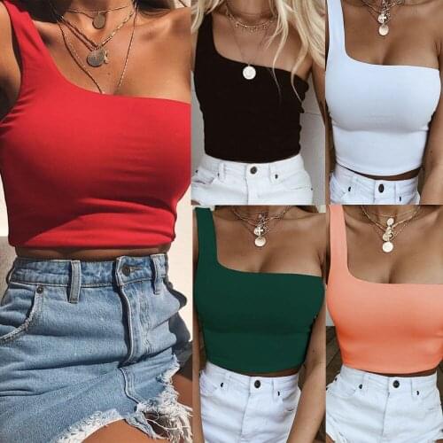 Hot Women Sexy Cool Single One Shoulder Tank Tops Vest Bare Midriff Sleeveless T-Shirt Summer Beach Crop Top Tee shirt femme