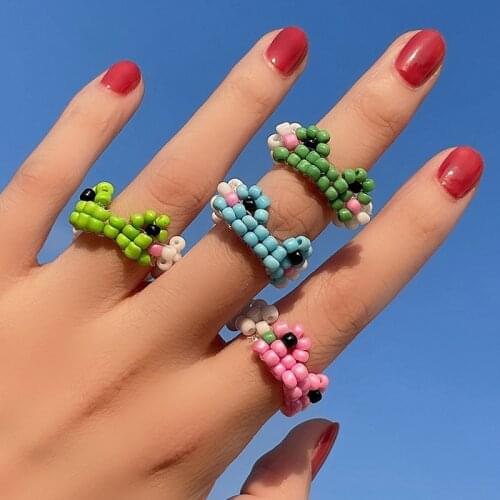 Boho Acrylic Beads Rings For Women Girls Cute Animal Frog Ring Handmade Bead Friendship Ring Vintage Jewelry