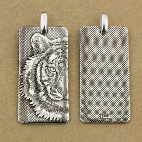 Deep Laser Engraved 999 Pure Silver Tiger King DogTag High Details Mens Biker Punk Pendant 9X027S Just Pendant