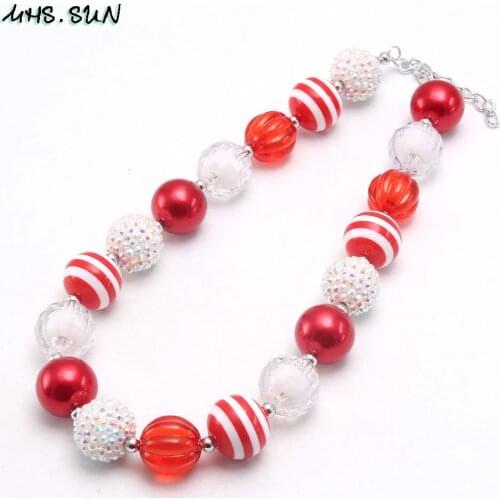 MHS.SUN Kids/Children Fashion Rhinestone Beads Necklace DIY Girls Chunky Bubblegum Red+White Acrylic Necklace Kids Jewelry Gift