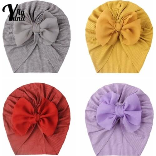 Yundfly Fashion Handmade Chiffon Bowknot Baby Girls Turban Hat Solid Color Striped Children Cap Cute Bows Headwear Birthday Gift