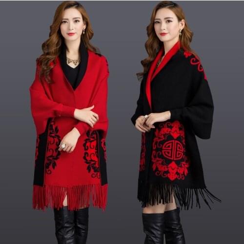 ZJZLL Womens Fashion Chinese Style Jacquard Festive Shawl Wrap Plus Size Cardigan Tassel Knit Poncho Cape Winter Sweater Coat