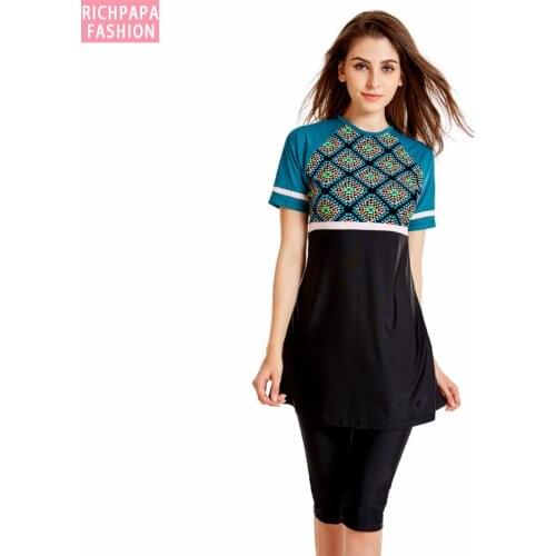 Muslim Swimwear Women Modest Patchwork Full Cover Short Sleeve Swimsuit Islamic Hijab Islam Burkinis Wear Bathing Suit