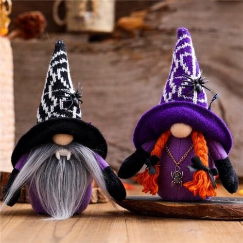 2021 New Halloween Ornaments Dwarf Gnome Doll Broomstick Top Hat Witch Cute Cartoon Dwarf Elf Home Decor Halloween Celebration