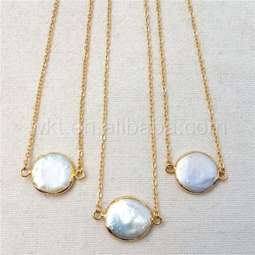 WT-N821 Wholesale Natural freshwater pearl coin necklace, handmake lovely real pearl necklace 24k gold color double loops charm