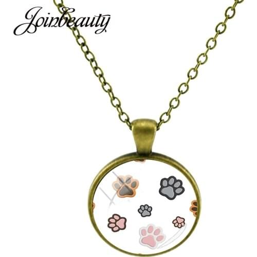 JOINBEAUTY Different Dog/Cat Paw Print Pendants Necklaces Glass Cabochon Vintage Long Chain Cute Girl Charm Jewelry NT338