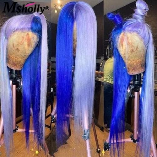 Glueless Straight Closure Wig Blue Purple Pink 180 Density Lace Front Wig Brazilian Remy Colored Human Hair Wigs For Black Women