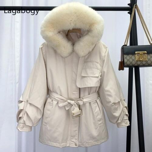 Lagabogy 2021 Winter Women 90%White Duck Down Jacket Thick Warm Hooded Parka Female Real Natural Fox Fur Loose Coat Belt Outwear