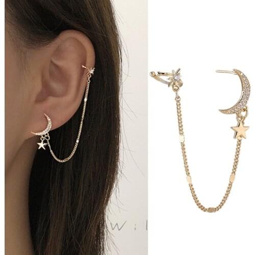 Simple Moon Star Rhinestone Long Chain Earrings For Women Shine Sun Crescent Geometric Tassel Piercing Earring Party Jewelry