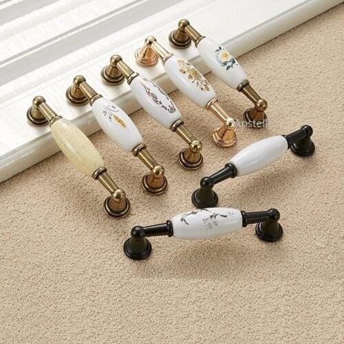 Cabinet Kitchen Handle Door Furniture Knob Zinc Alloy Ceramic Vintage Drawer Cupboard Pulls Flower Ivory White Bronze