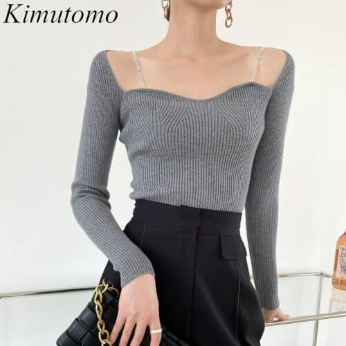 Kimutomo Off Shoulder Knit Pullover Women Autumn Korean Fashion Female Long Sleeve Chain Slim Solid Color Short Top Casual