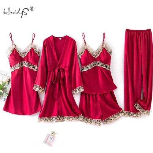 2020 Spring Autumn Women Silk Satin Pajamas Sets With Chest Pads Sleepwear 4 Pieces Solid color Lace stitching Satin Pyjamas