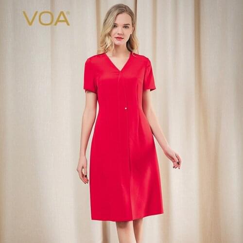 VOA Silk 36m/m Elastic Red Heavy Sweetheart Neckline Beaded X-Type Waist Hugging Short Sleeve Crisp Elegant Dress A10917