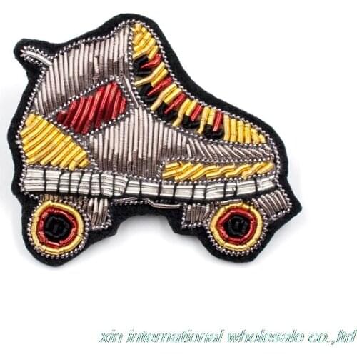 Handmade embroidery of high grade metal wire brandweerman sam new style Golden roller skates badges for clothes clothes badge