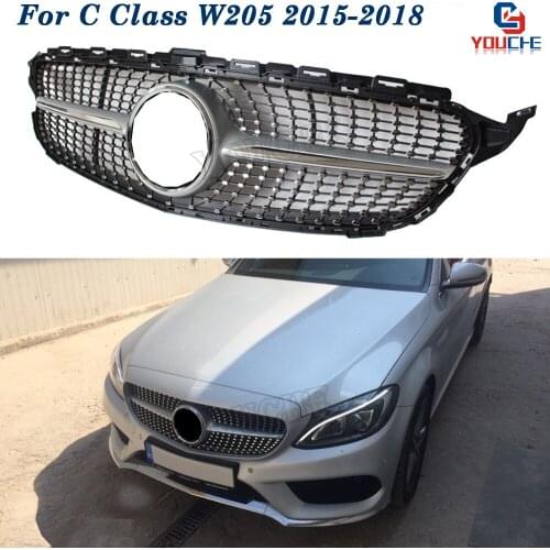 W205 Diamonds Grille Front Bumper Grill Mesh for Mercedes W205 C Class A205 C205 S205 C300 C350 2015 -2018 Silver