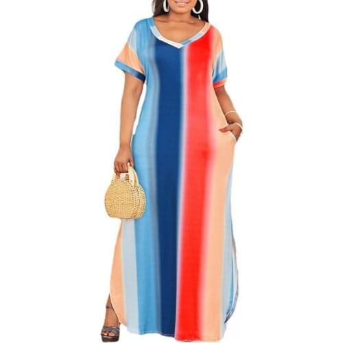 XL-5XL Large Size Dress African Clothing Women Stripes Print Short Sleeved Loose Dress Short Sleeved Robe Summer Vestidos New