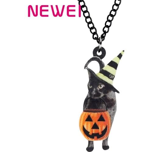 Newei Acrylic Halloween Hat Pumpkin Head Black Cat Necklace Lovely Animal Pets Kitten Pendant Jewelry For Women Kid Fashion Gift