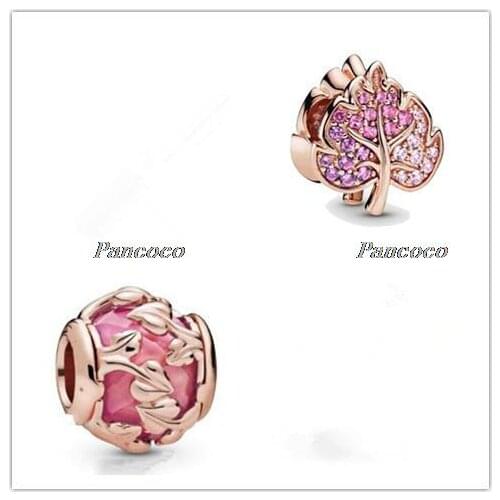 925 Sterling Silver Bead Rose Pink Decorative Leaves Charm Fit Pandora Women Bracelet & Necklace Diy Jewelry
