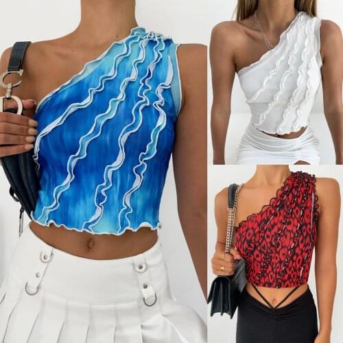Women’s Sexy One-Shoulder Vest Fashion Printed/Solid Color Ruffles Exposed Navel Sleeveless Tops