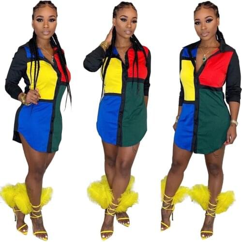 Women Winter Long-sleeve Thick sweater Stitching dress Patchwork T-shirt Dress