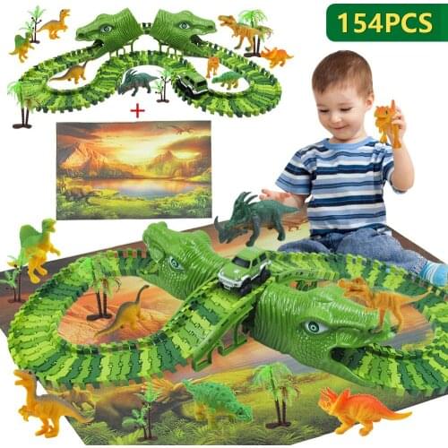 154Pcs Dinosaur Race Track Road Railway Dinosaur Toys Set Of Cars The Magical DIY Auto Slot Car Track Chirldren Toy to children