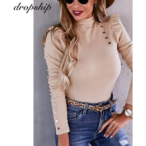 2020 Autumn Women Sweater Knitted Long Sleeve Mock-Neck Pullovers Lady Slim Tops Vintage Button Office Sweaters