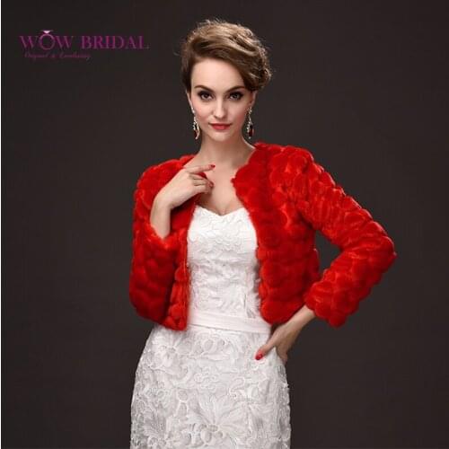 Wowbridal 2021 Noble Red Wedding Jacket Submissive Faux Fur Long Sleeve Shawl Bridal Coat Accessories