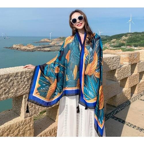 Large Scarf For Women Green Leaf Printed Head Wraps Cotton Feeling Tassel Shawl 180x90cm