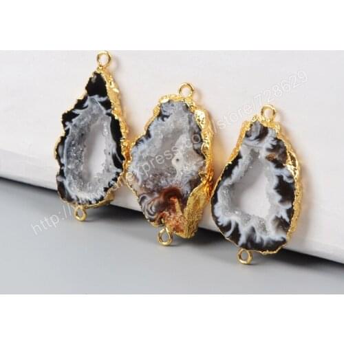 BOROSA 10Pcs/lot New Arrival Gold Color Freeform Natural Onyx Crystal Druzy Slice Connector Double Bails Druzy Charm G0952