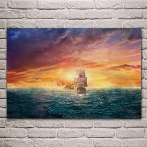 Fantasy Ocean pirate Sailboat Ship skull rock Sunset Wave KD878 living Room home wall art decor wood frame fabric posters prints