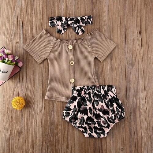 Pudcoco Newborn Baby Girl Clothes Off Shoulder Knitted Cotton Button Tops Leopard Print Shorts Headband 3Pcs Outfits Clothes