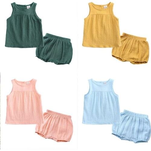 Summer Newborn Baby Clothing Cute Infant Clothes Sets Cotton Solid Color Sleeveless Vest Tops+Big PP Shorts 2pcs Toddler Outfits