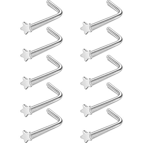 10PCS L Shaped Star Nose Rings Studs Surgical Steel Nose Nostril Piercing Jewelry for Women Men Girl 20G Sexy Nose Stud Jewellry