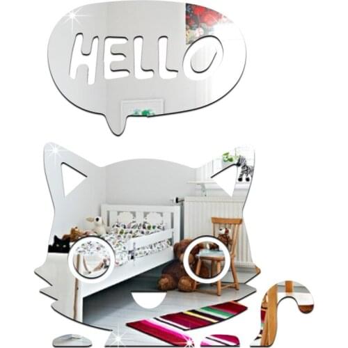 Lovely Cat and Hello 3D mirror wall sticker , decorative mirror frame sticker for bedroom Nersury living room deco