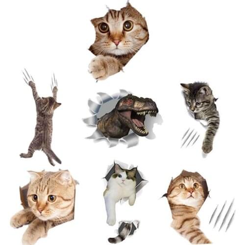 Cat Vivid 3D Smashed Switch Wall Sticker Bathroom Toilet Kicthen Decorative Decals Funny Animals Decor Poster PVC Mural Art