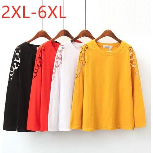 New 2021 Ladies Spring Autumn Plus Size Tops For Women Large Long Sleeve Loose Yellow Hollow Out Cotton T-shirt 3XL 4XL 5XL 6XL