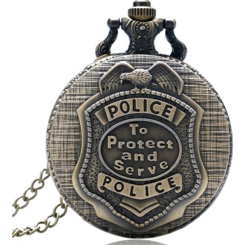 Retro Bronze POLICE Quartz Pocket Watch Pendant Necklace Chain Mens Womens Gift P388