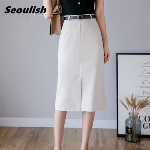 Seoulish Spring 2021 New Korean OL Style Wrap Skirts Solid A-Line Midi Skirts Front Split Sexy Sheath Skirts Belt Office Lady