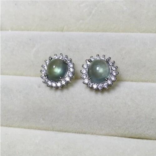 Prehnite stud earring Natural prehnite Free shipping 925 sterling silver Fine gems jewelry For men or women