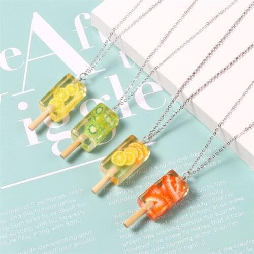 Sweet Resin Wood Necklace Transparent Ice Lolly Strawberry Orange Fruit Pendants Women Link Chains Necklace Party Jewelry,1PC