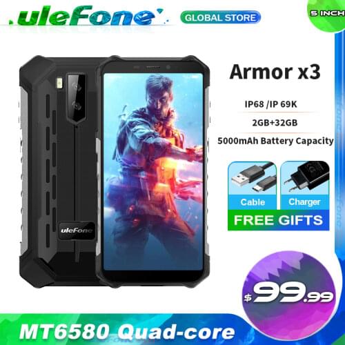 Ulefone Armor X3 Waterproof Smartphone IP68 5.5" HD+ Android 9.0 2GB 32GB Quad Core Face ID Unlock 3G Mobile Phone 5000mAh