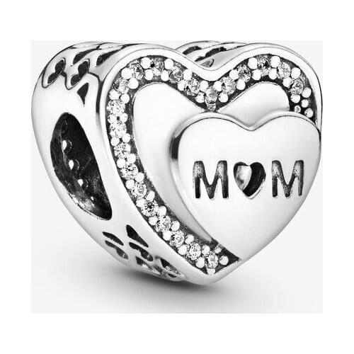 Sparkling Mom Heart Charm Authentic 925 Sterling Silver Metal Beads for Jewelry Making Fits Pandora Bracelet Berloques
